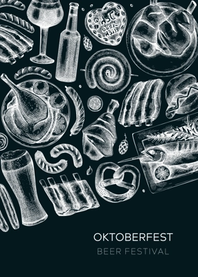 Oktoberfest background on chalkboard. German food and drinks menu design. Vector meat dishes sketches. German cuisine vintage wreath. Popular beer festival illustration in sketched style.
